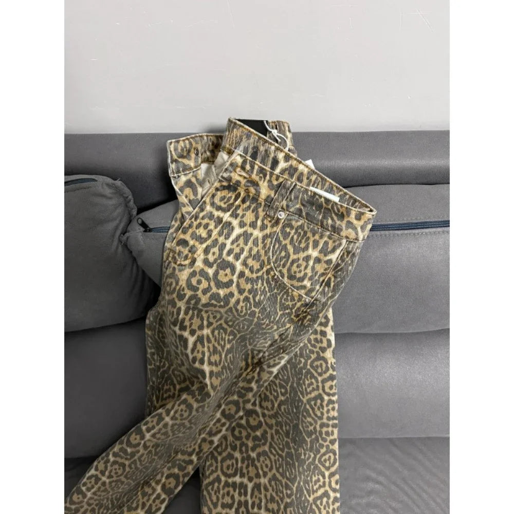 Calça jeans feminina americana retrô com estampa de leopardo, cintura alta, larga, casual, com bolsos, hip-hop, primavera/verão 2000, calça jeans pantera grande
