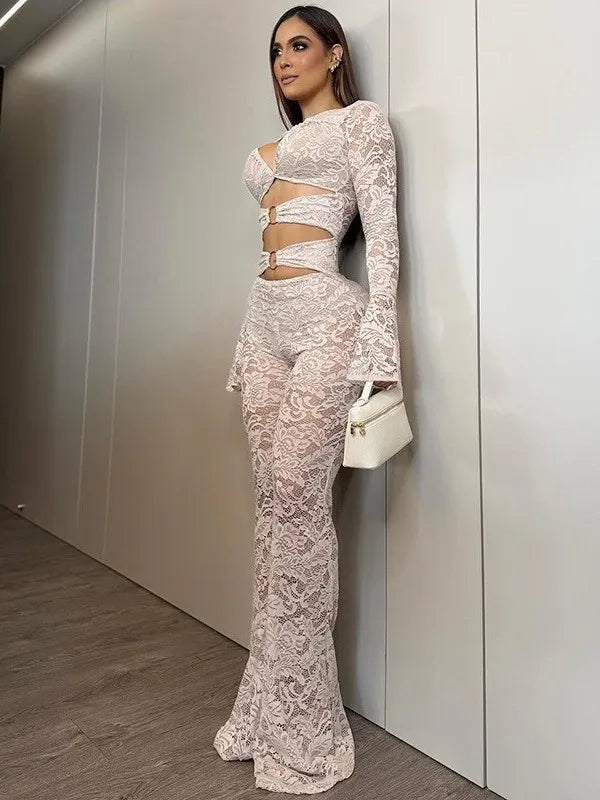 Sexy Hollow out Micro Flared Jumpsuit Long Pants  Lace Shirt Thickened Winter Collection for Elderly Women