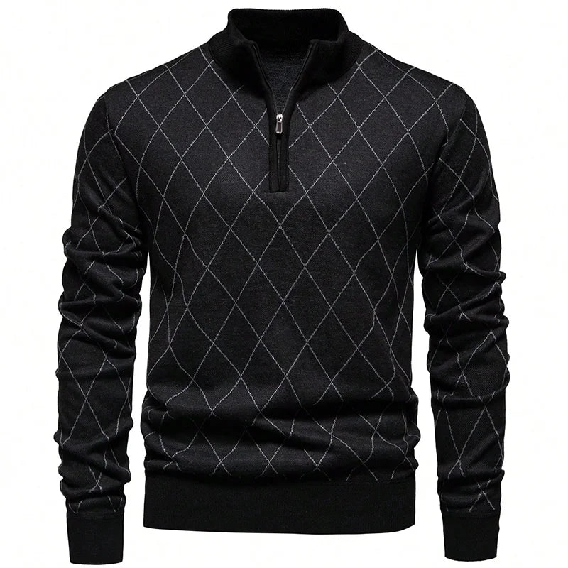 New Mens Knit Sweater American 1/4 Zip Pullover Men's Fleeced Knitwear Stand Collar Casual Sweaters Pullovers
