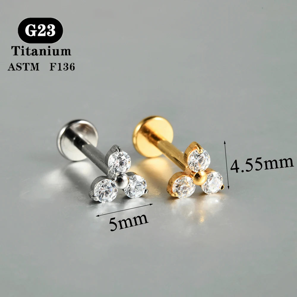 1PC ASTM F136 Titanium Zircon Flat Back Earring Flower Ear Studs Lobe Helix Tragus Cartilage Piercing Jewelry 16G