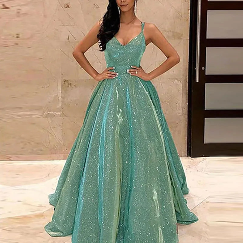 Lady Formal Occasion Glitter Sequins Dresses Sexy Elegant Backless Sleeveless Party Evening Dress New Women Waisted A-line Dress