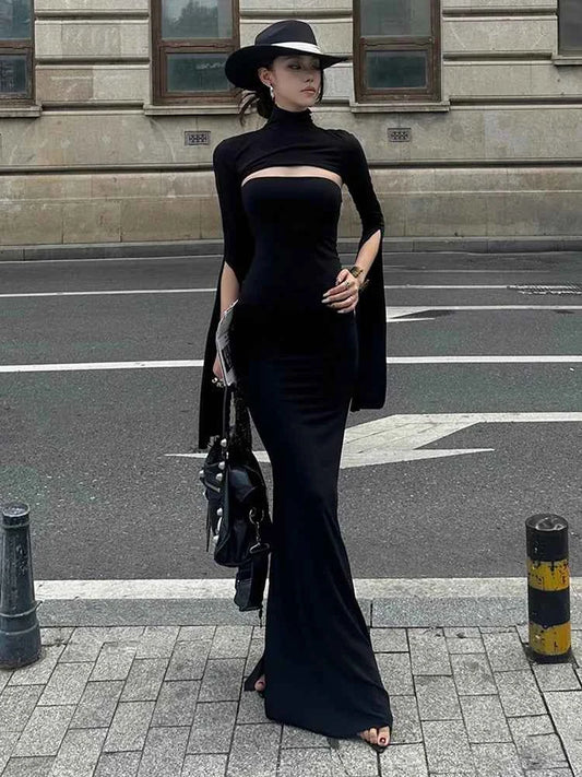 Nibber Fashion Chic 2-Piece Set Women Strapless Split Maxi Dress+Super Short Half-Sleeve Turtleneck Top Matching Elegant Outfits