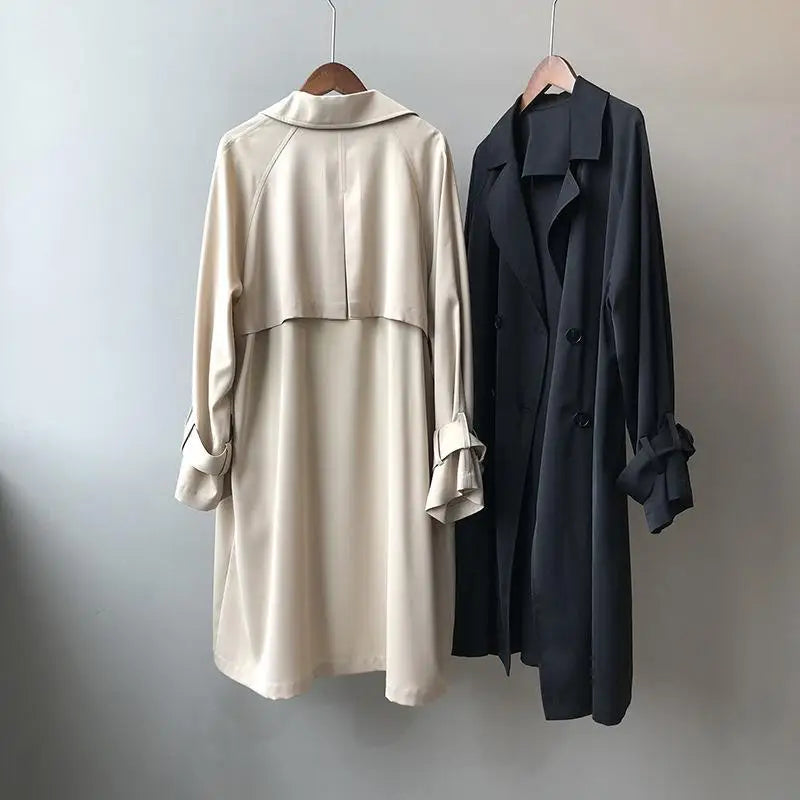 New Fashion Women's Long Trench Coat Spring Autumn Temperament Thin Windbreaker Coat Female Casual Parker Overcoat Apricot Black