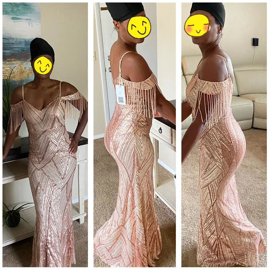 Vestido de Festa Dourado com Lantejoulas, Renda e Modelagem Sereia