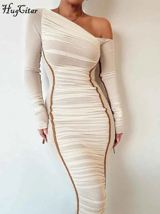Hugcitar Mesh Solid Diagonal Collar Long Sleeve Draped Sexy See Through Bodycon Maxi Dress Summer Fashion Clothes Festival Club