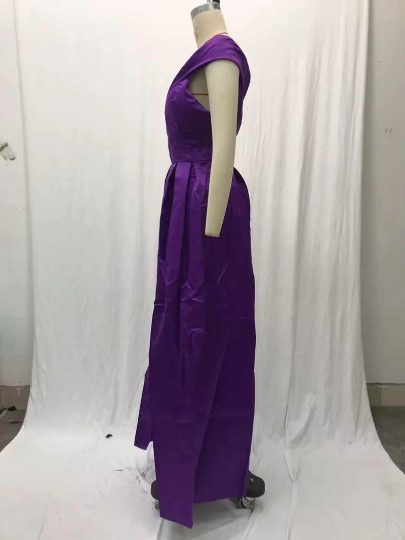 Vestido longo solto feminino maxi verão decote em V profundo cor sólida cetim alta fenda sem alças vestido de manga curta