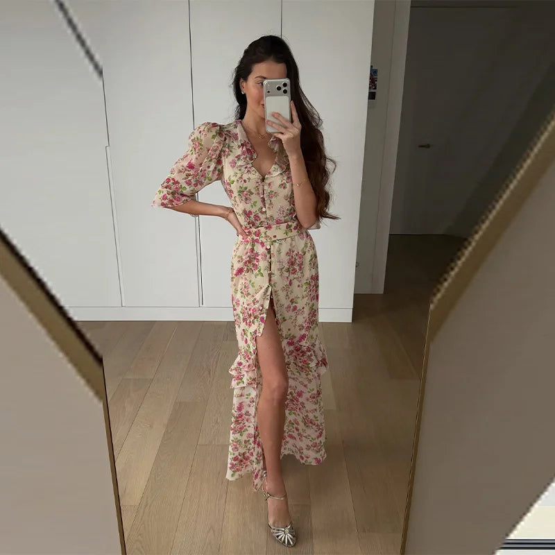 Women White Floral Print Maxi Dress V Neck Puff Sleeve Peplum Waist Fishtail Hem Chiffon Robe Elegant Party Wedding Guest Gown