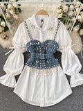 Blusa feminina nova primavera outono com contas de diamantes e manga bufante, top com borlas e pérolas, colete com alça, camisa de duas peças