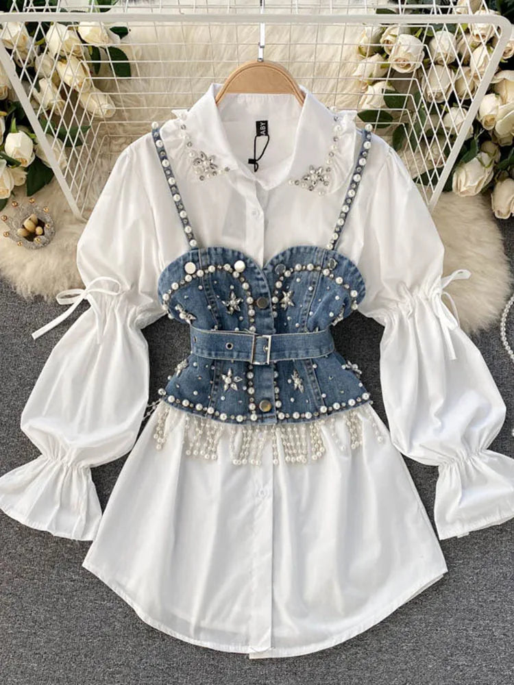 Blusa feminina nova primavera outono com contas de diamantes e manga bufante, top com borlas e pérolas, colete com alça, camisa de duas peças