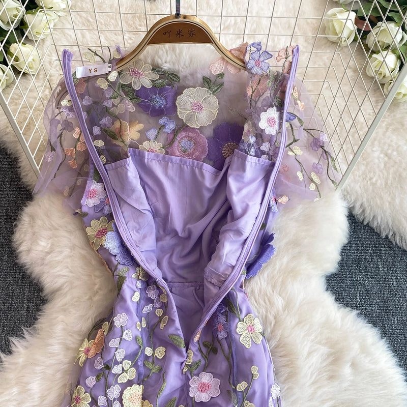 Summer High-end Embroidery Lace Prom Dress Women French Luxury 3D Flower Short Sleeve Long Dress Party Bodycon Holiday Vestido