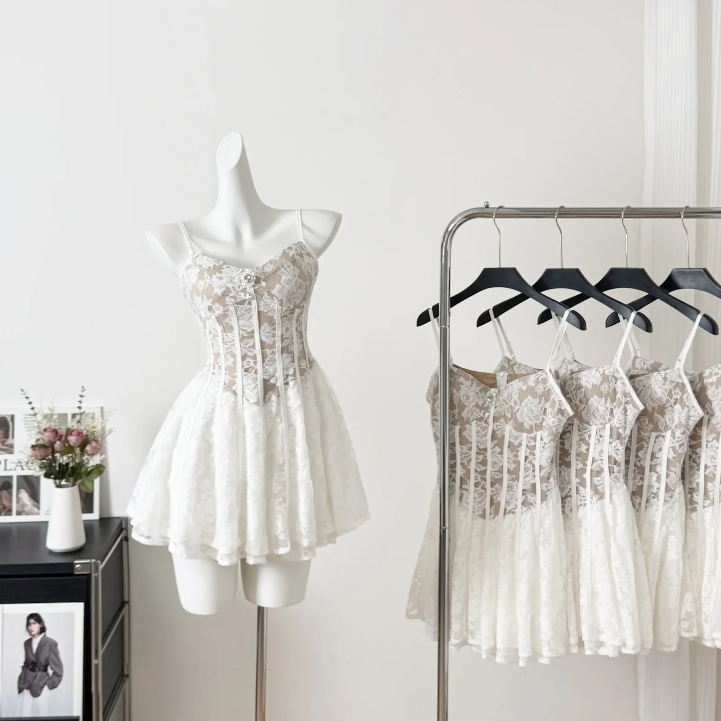 Spring Summer Vietnamese Design Mini Dress Lace Hollow out Puff Sleeve Square Collar Waist Cinched Pleated Low Waist Line