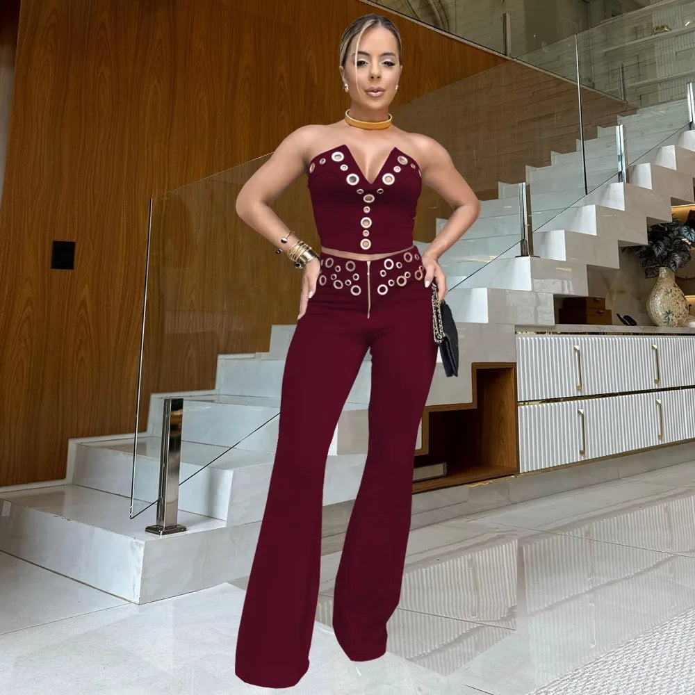 FLARORA Fashion Metal Ring Holes 2 Pcs Sets Woman Sleeveless Hollow Out Crop Tops And High Waist Flare Pants Elegant Streetwear