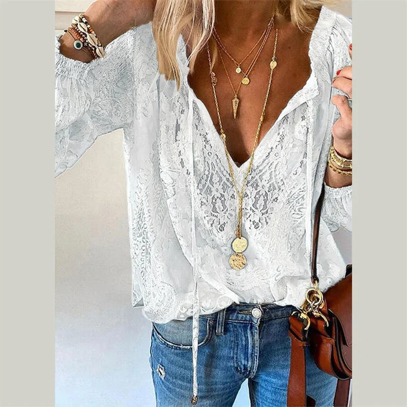 Blusa feminina elegante com decote em V profundo e renda de outono, blusa casual para trabalho, nova blusa feminina com decoração de alças e cor sólida