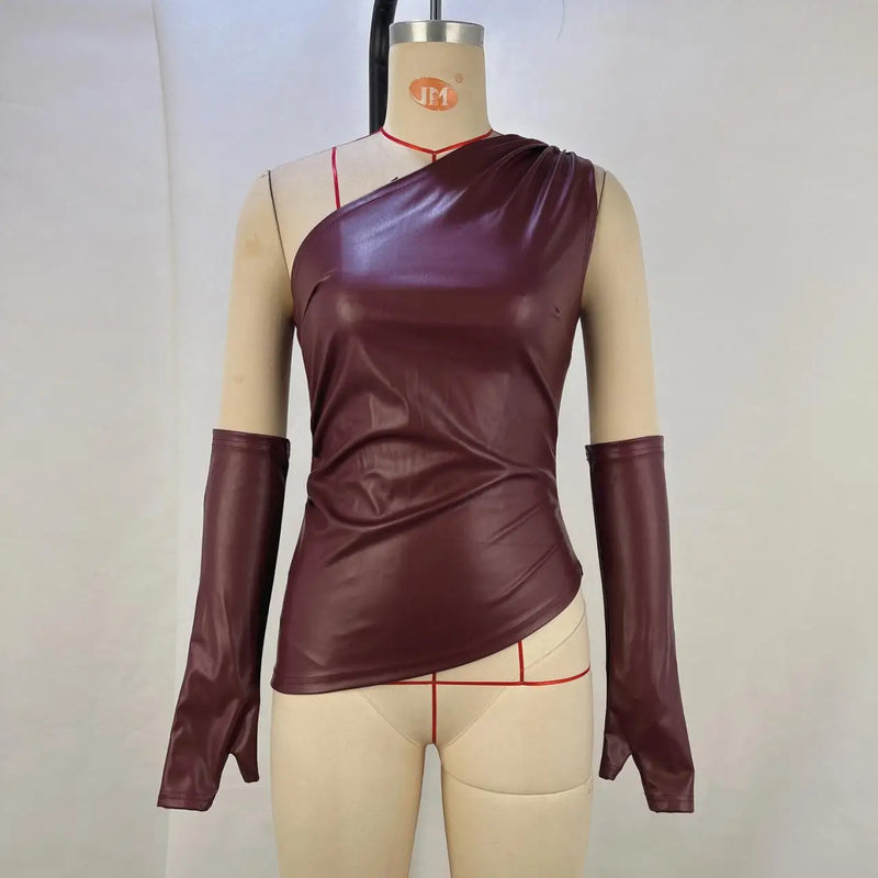 Camiseta regata de couro PU Gtpdpllt, gola diagonal, moda assimétrica, franzida com mangas, camiseta sexy de verão para mulheres, roupas Y2K
