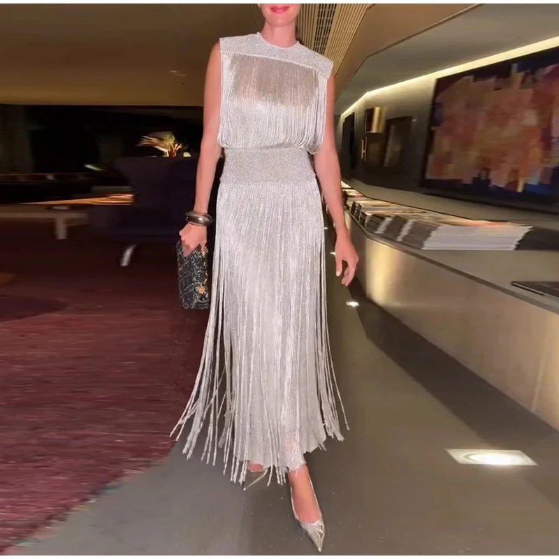 Elegant Tassel Maxi Dress Women Slim Spring Summer O-neck Shine Ankle-length Dresses Lady Sleeveless Solid Robe Female Party