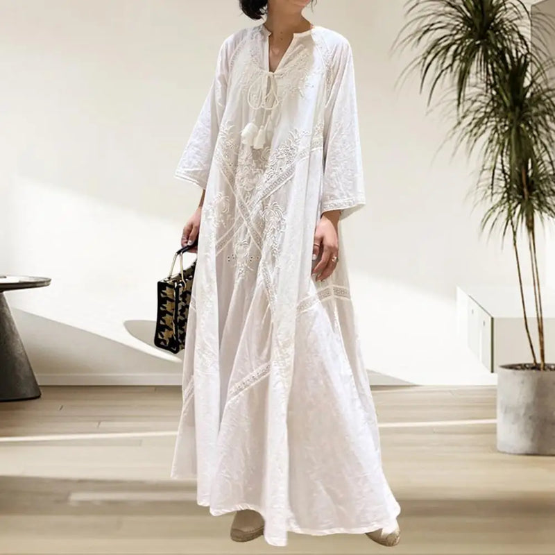 Elegante Vestido de Camisa Sólida Feminino Primavera Vestido de Verão Reto Vestidos Longos Manga Lanterna Maxi Vestidos Feminino Decote Em V Robe