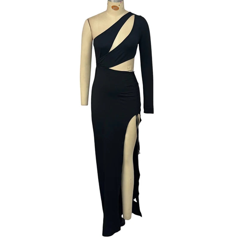 Ellafads Women Long Dress Sexy Stylish 2025 Newest Long Sleeve One Shoulder Hollow Out Irregular Drawtring Lace Up Party Dresses
