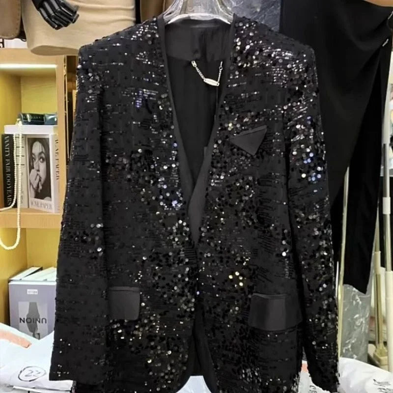 European Brand V-neck Temperament Socialite Sequin Jacket For Women, Mid To Long Style, Stylish Thin Style, Sparkling Top XQ145