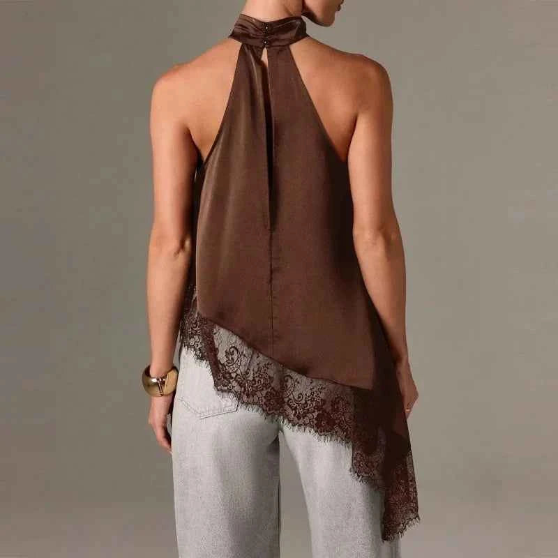 Women Y2k Mock Neck Halter Top Satin Lace Asymmetrical Hem Tank Tops Sleeveless Elegant Going Out Crop Tops