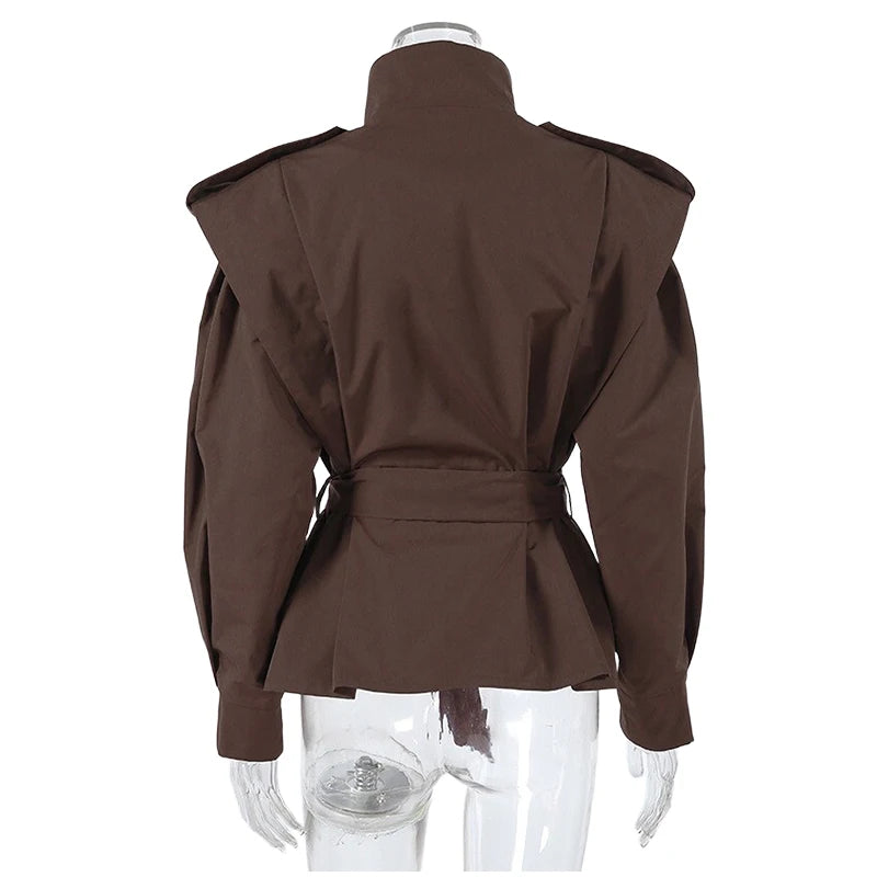 Fashion Stand Collar Belted Waist Short Jacket For Women Casual Puff Sleeve Wide Shoulder Coat Lady 2026 Chic Street Outerwear