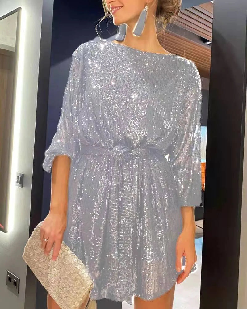 Fashion sequined Pearl color waist dress evening dress skirt women's dress
