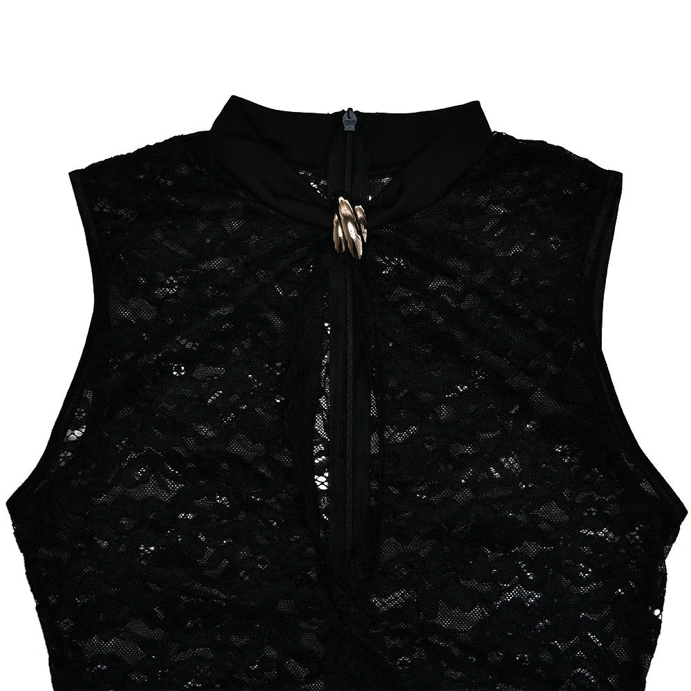 Fantoye Sexy Oco Out Alta Fenda Renda Vestido Longo Feminino Preto Transparente Vestido de Noite Feminino Outono Novo Elegante Festa Clubwear