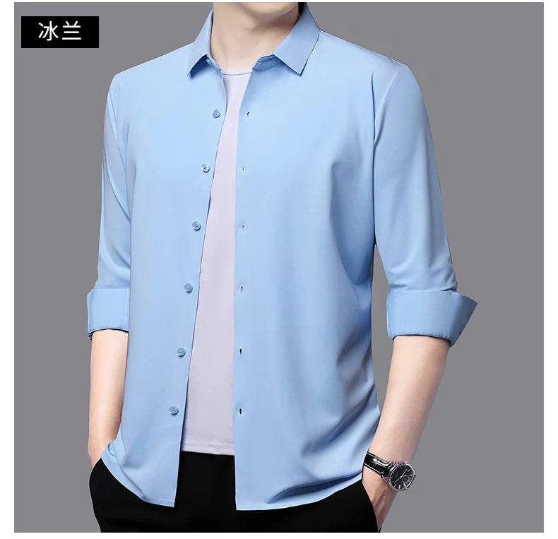 Camisa masculina premium ultraelástica - Camisa formal de manga comprida de seda de alta qualidade para uso social e casual