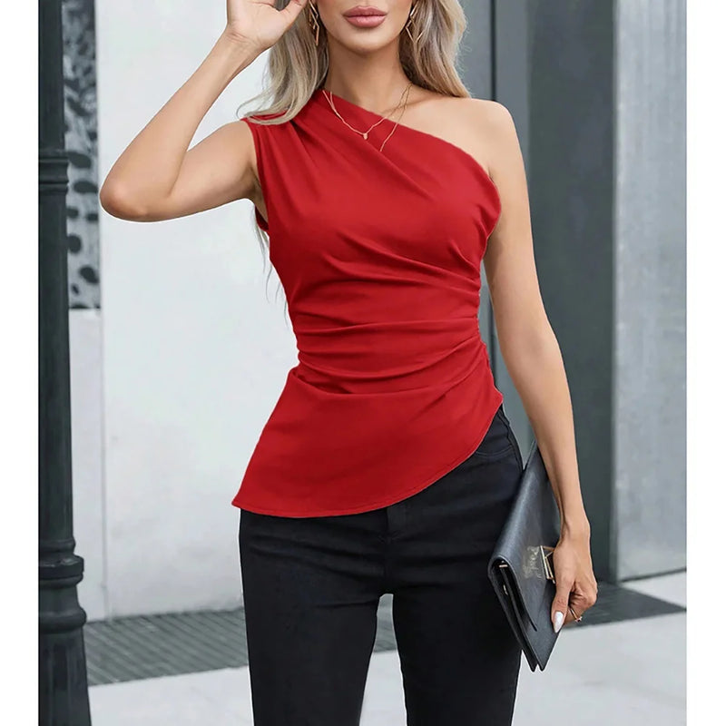 Mia Muse Women's Vest Allseason Sexy Plain Sleeveless One-Shoulder Skinny Fit Party Vest