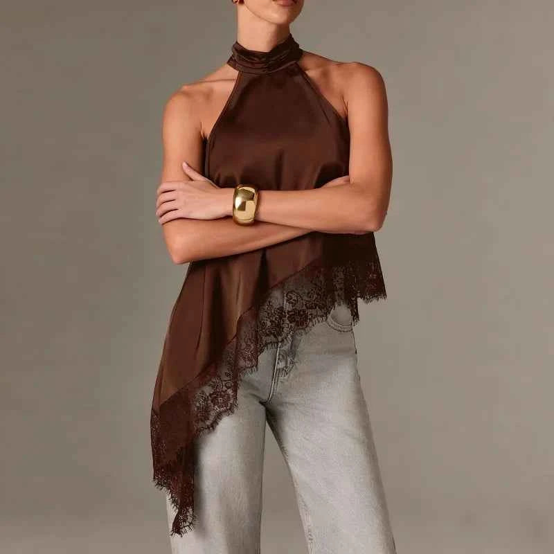 Women Y2k Mock Neck Halter Top Satin Lace Asymmetrical Hem Tank Tops Sleeveless Elegant Going Out Crop Tops