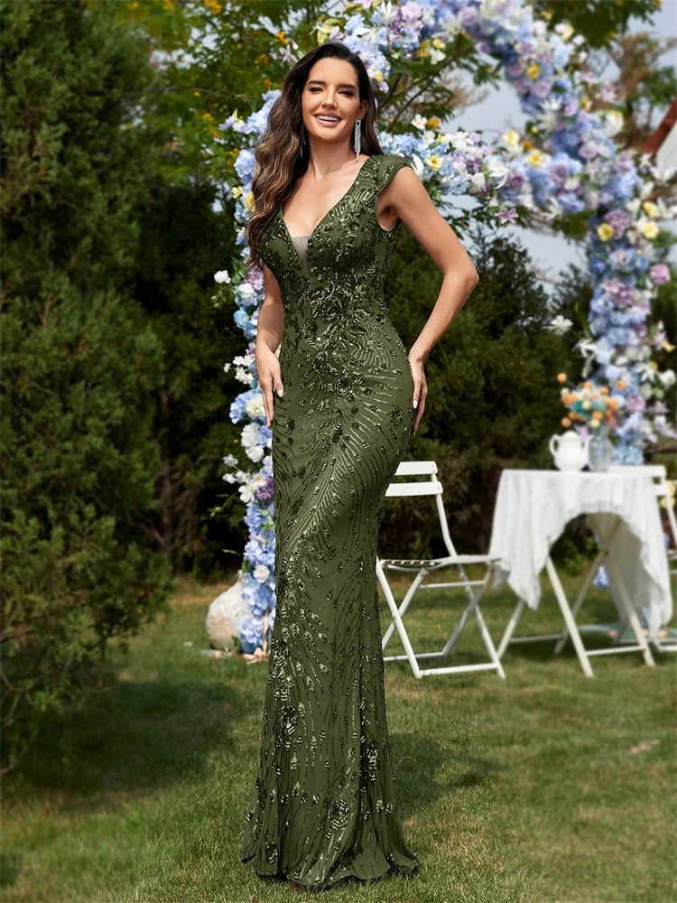 BLUEPLUM New Elegant Green SequinS Evening Dress Women Long Luxury Mermaid Formal Deep V-neck Prom Luxury Wedding Party Gowns