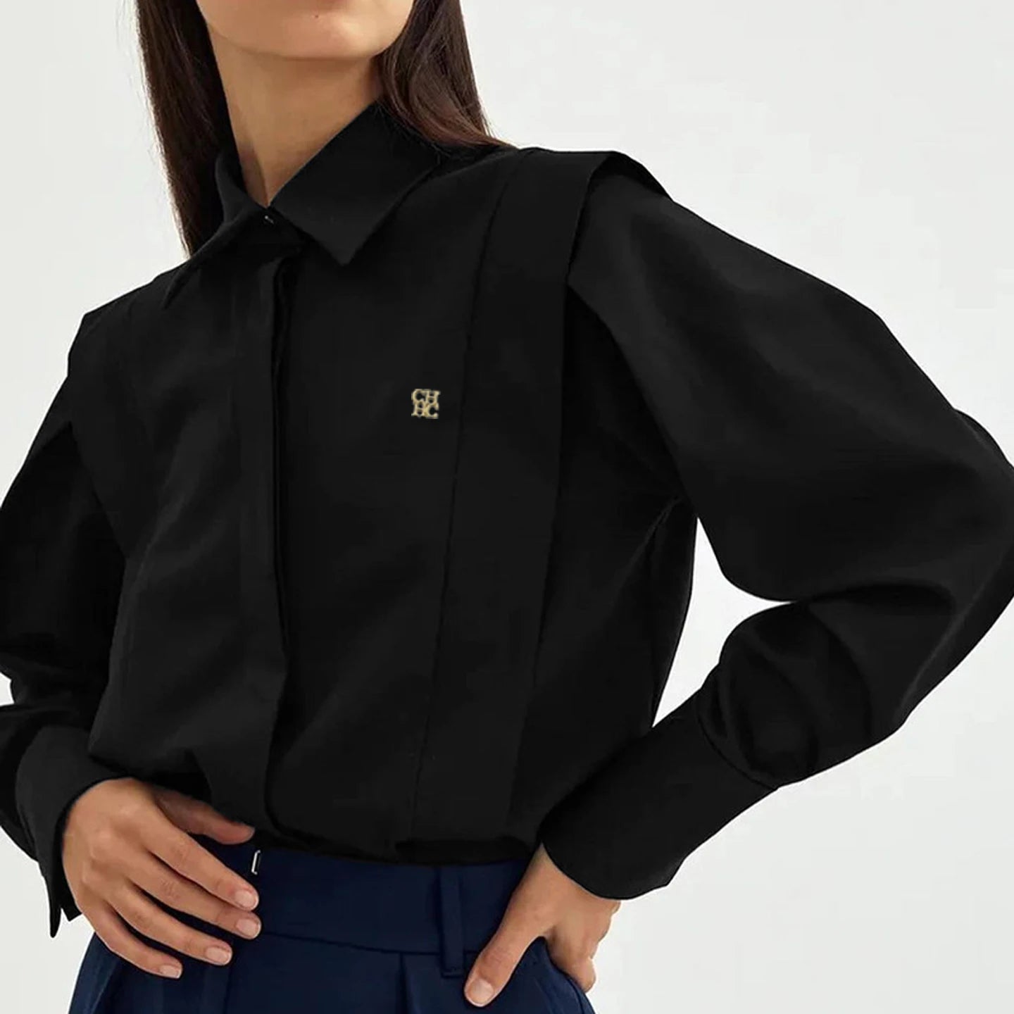 CH Womens CH Logo Embroidered Shirt Long Sleeve Structured Shoulder Office Blouse Fashion Button Down Top