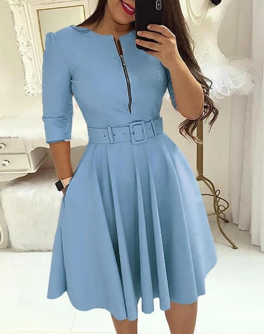 Urban Style for Women 2024 Sprin Summer Medium Length Skirt Elegant Sexy U-Shaped Collar Solid Color Zipper Print One Step Dress