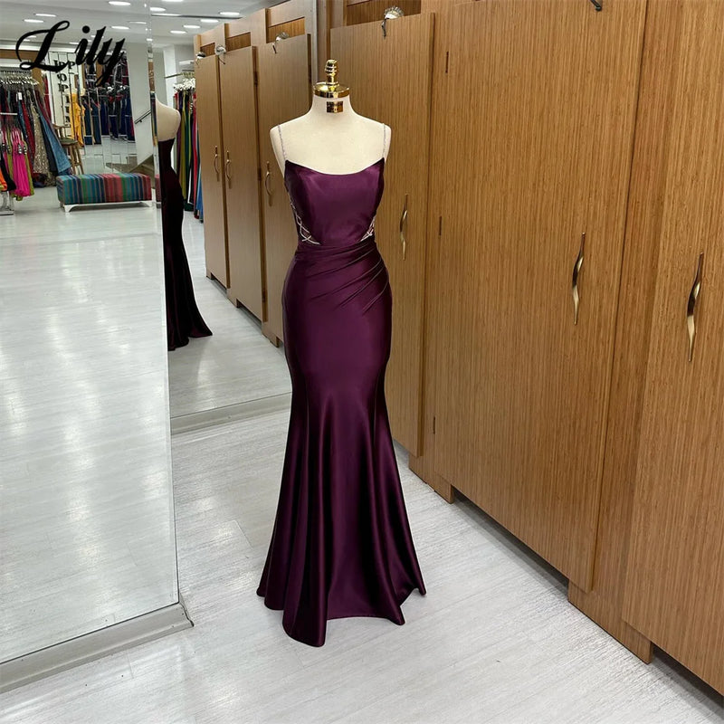 Lily Purple Evening Dress Scoop Neck Lace-Up Mermaid Long Party Dress With Beading Robe De Soirée Spaghetti Straps Prom Dress - CRAVO ROSE