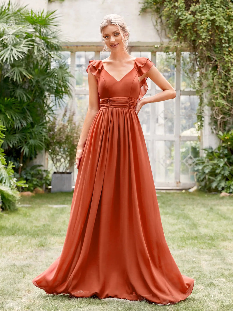 Vestido de noite longo com decote em V, manga curta, babados, renda, vestido de baile, vestido de festa, vestido de madrinha