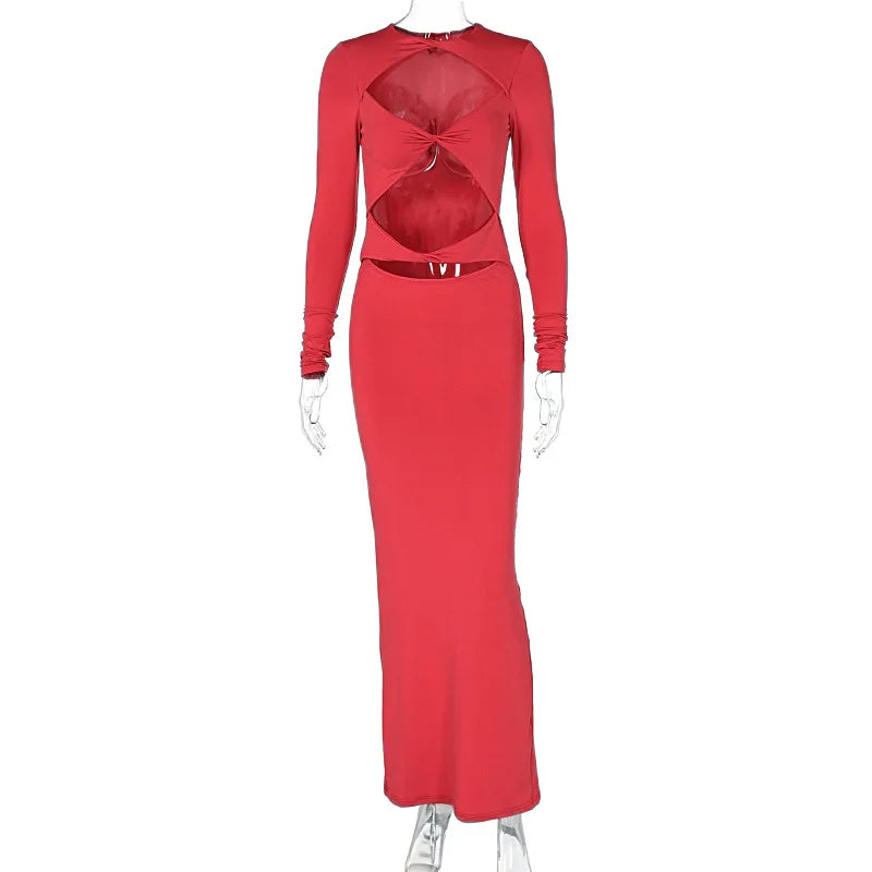 DGLUKE Sexy Cut Out Long Dresses For Women O-Neck Long Sleeve Bodycon Maxi Dress Elegant Going Out Party Dress Black