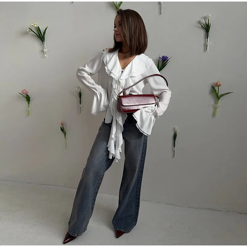 Blusa feminina elegante, azul, gola alta, babados, manga comprida, lisa, solta, chiffon, nova blusa feminina de verão 2025