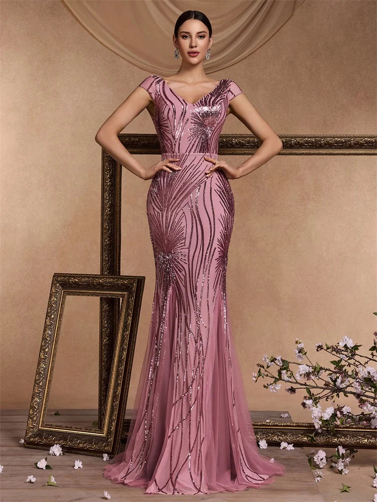Luxury Cap sleeve V-neck Sequin Formal Evening Dress Women 2025 Elegant Mermaid Party Maxi Prom Arabia Cocktail Graduation Gowns