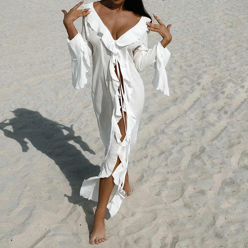 Irregular Ruffles Dress Women's Chic V Neck Long Sleeve Lace Up Beach Dress Summer 2024 Fashion Lady Vacation Cover Up