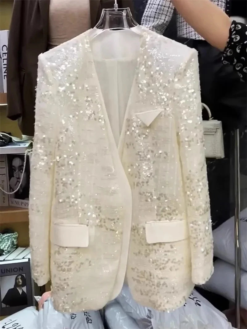 European Brand V-neck Temperament Socialite Sequin Jacket For Women, Mid To Long Style, Stylish Thin Style, Sparkling Top XQ145