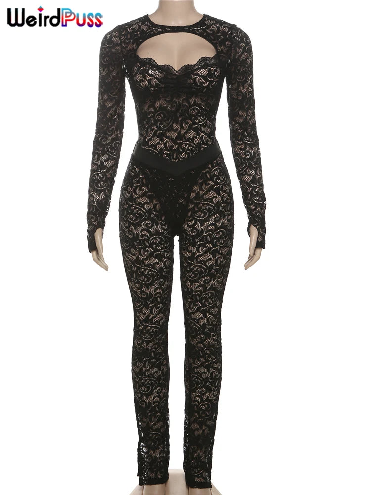 Weird Puss See Through 2 Piece Set Women Sexy  Hollow Jacquard Backless Bodysuit+Leggings Tight Activity Clubwear Skinny Outfits