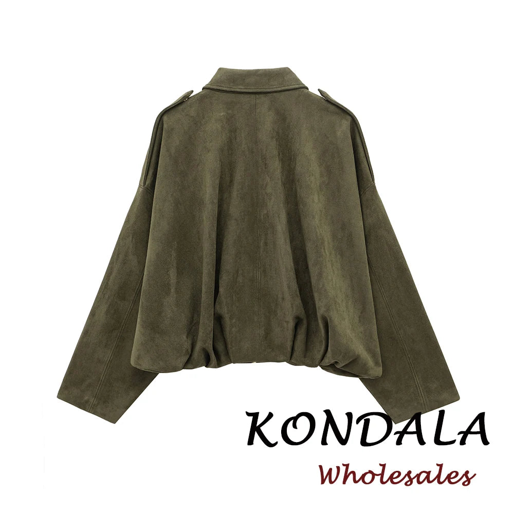 KONDALA Vintage Cool Green Streetwear Women Jacket Fashion 2026 Spring Zipper Folds High Street Chic Modern Female Short Outwear