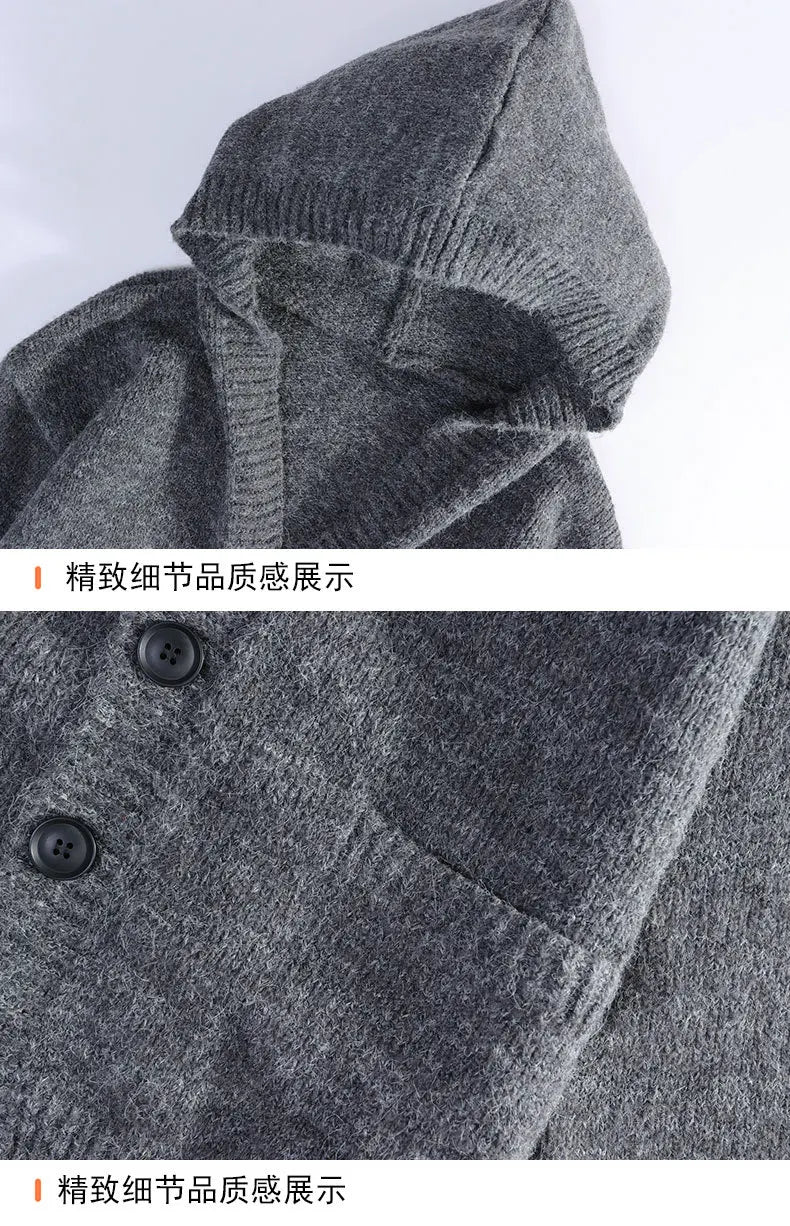 Men's Hooded Knit Cardigan Button Front Loose Fit Autumn Casual Fashion Warm Comfortable Lazy Style Sweater Outerwear
