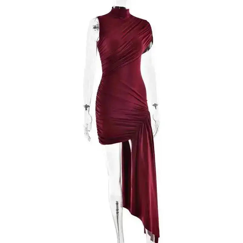 Balitops Summer Draped Ruched Sexy Mini Dress Women 2025 New Irregular High Waist Slim Fit Dress Female Elegant Club Tank Dress