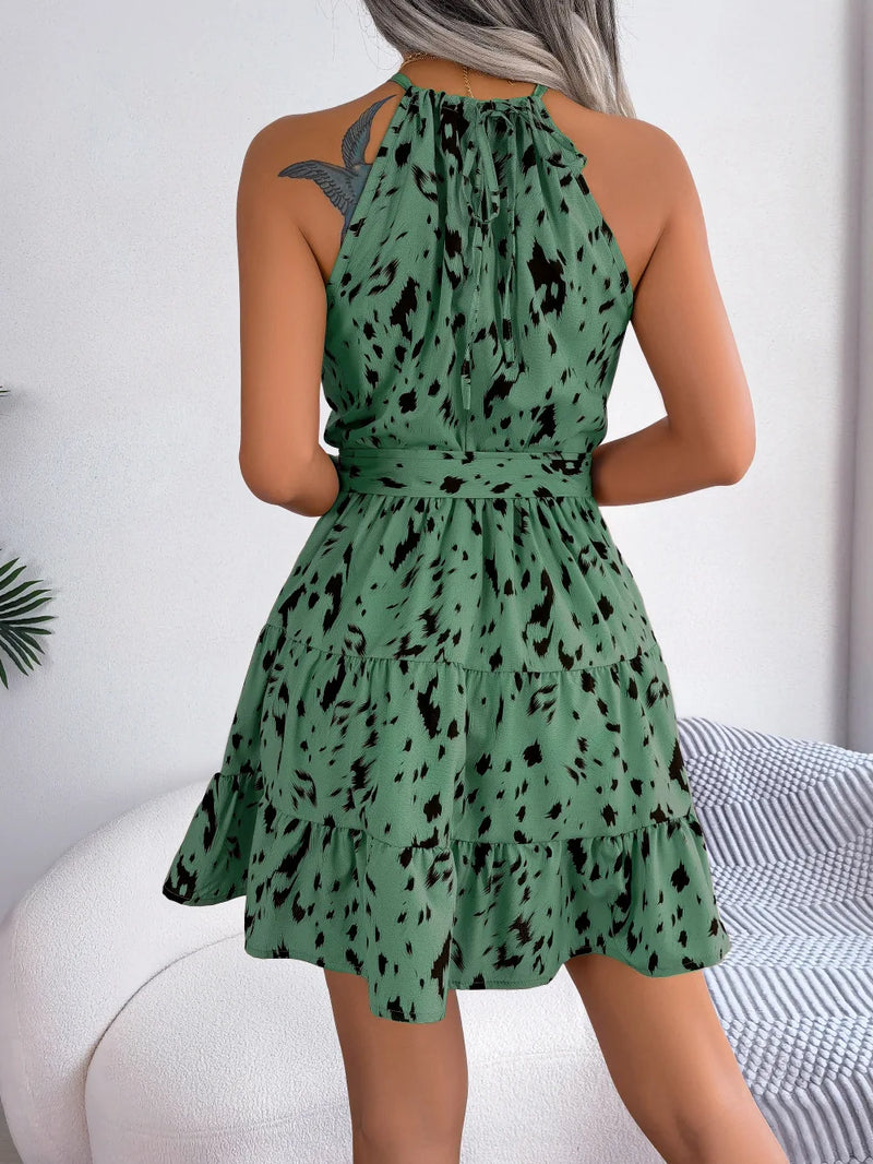 Leopard Print Ruffled Hanging Neck Fashion Dress Women Spring Summer Sexy Halter Mini Dress - CRAVO ROSE