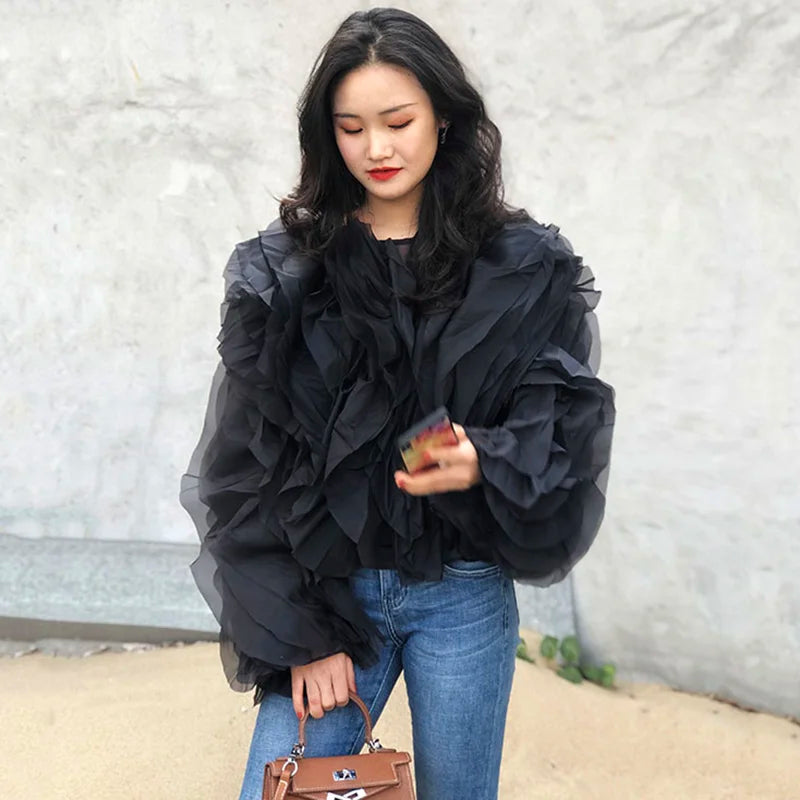 Blusas elegantes de chiffon com babados e patchwork, gola redonda, lanterna, manga comprida, camisa solta