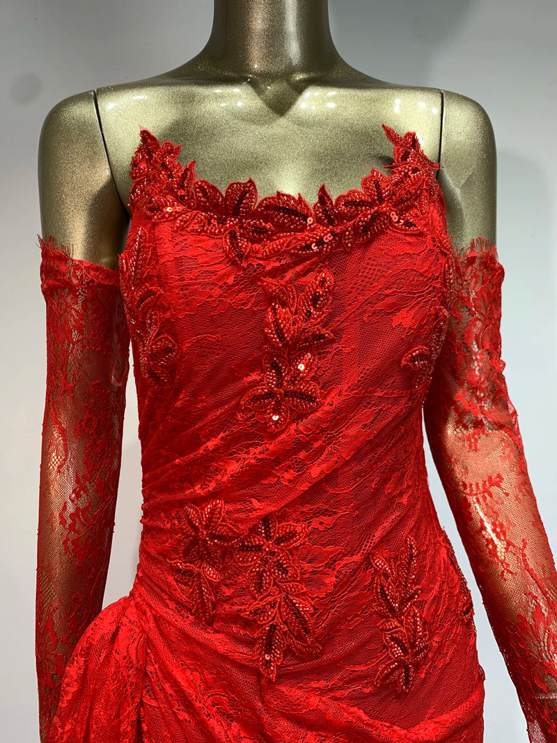 Luxury Designer Fashion Women Black Strapless Lace Embroidery Bodycon Open Leg Long Dress with Gloves Formal Evening Party Gowns
