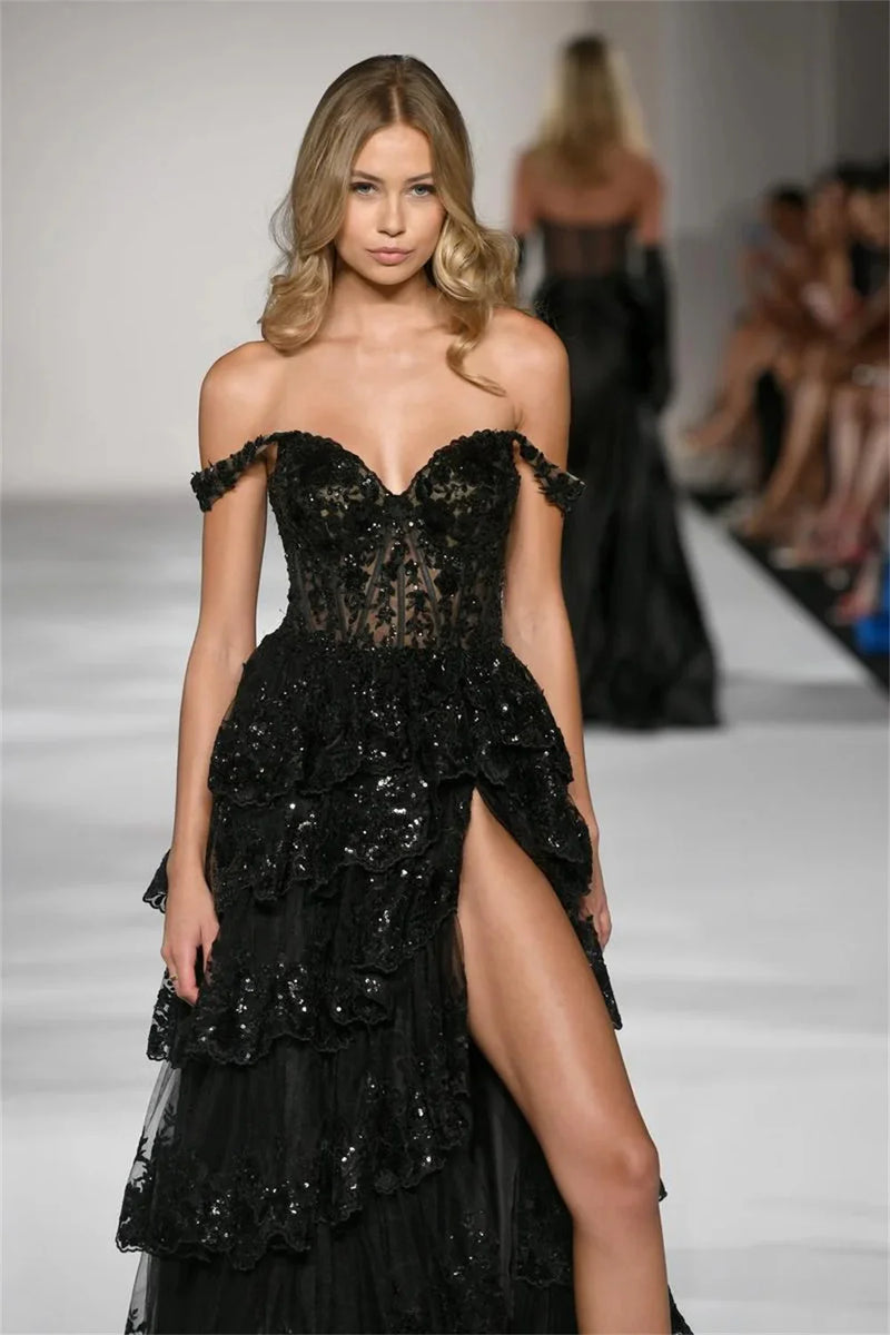 Bella Black Glitter Tulle robes de soirée Off the Shoulder A-line Prom Dresses Customized Side Split Sleeveless Wedding Dress