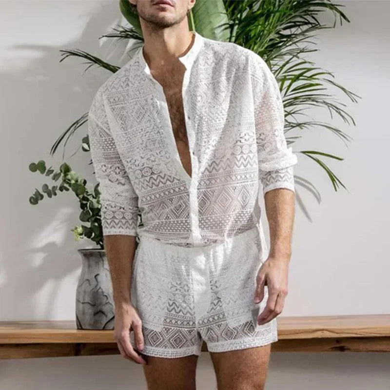Conjuntos masculinos de manga comprida, camisa com recorte de renda, shorts casuais, terno masculino de duas peças