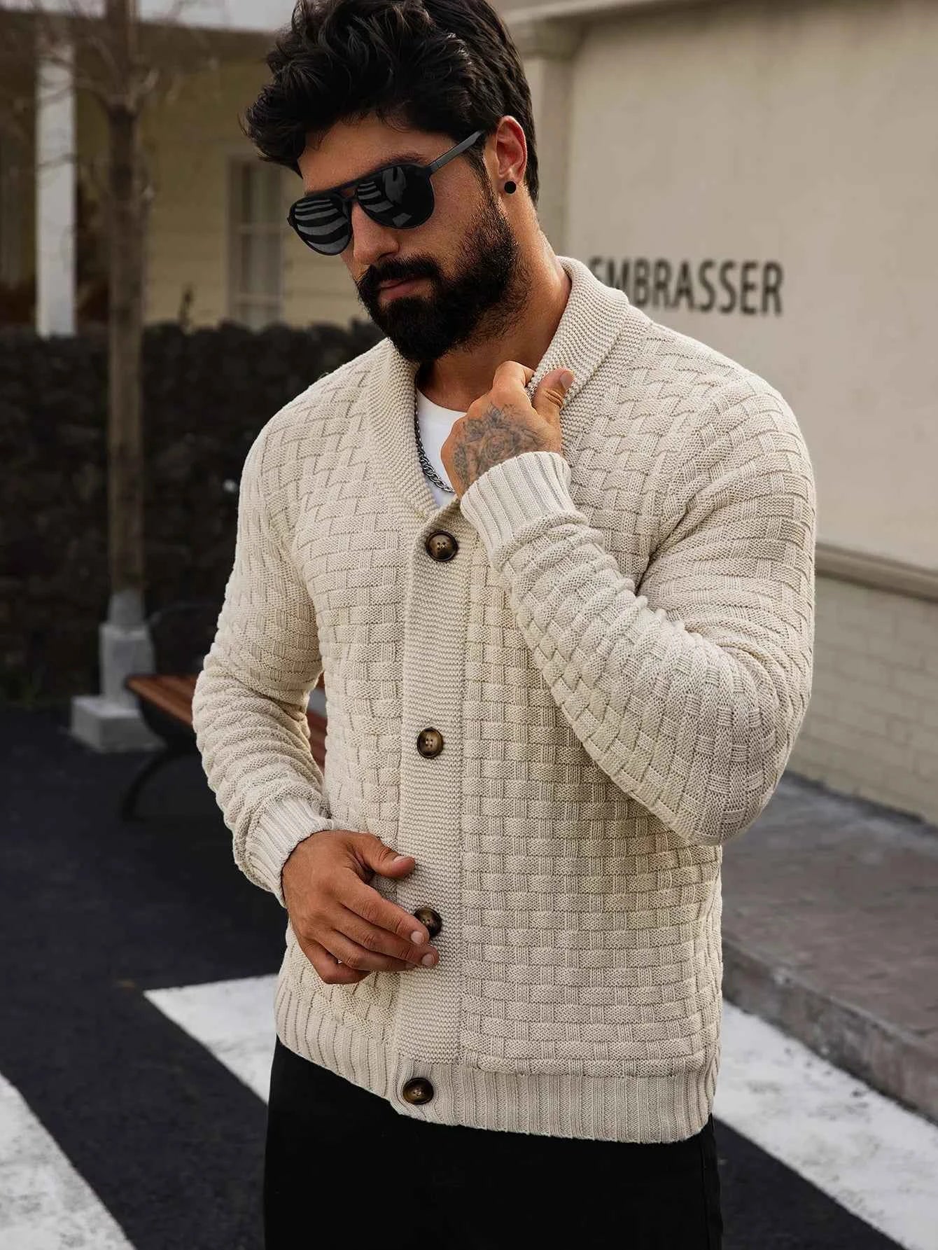Men's Autumn Winter Cardigan Sweaters Warm Knitted Open Front Long Sleeve V-Neck Pullover in Solid Color for Men