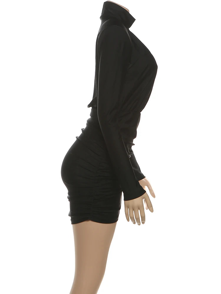 Weird Puss Elegant Shoulder Padded Dress Women Turtleneck Ruched Sexy Classic Office Commute Simple Peach Hip Slim Mini Bodycon